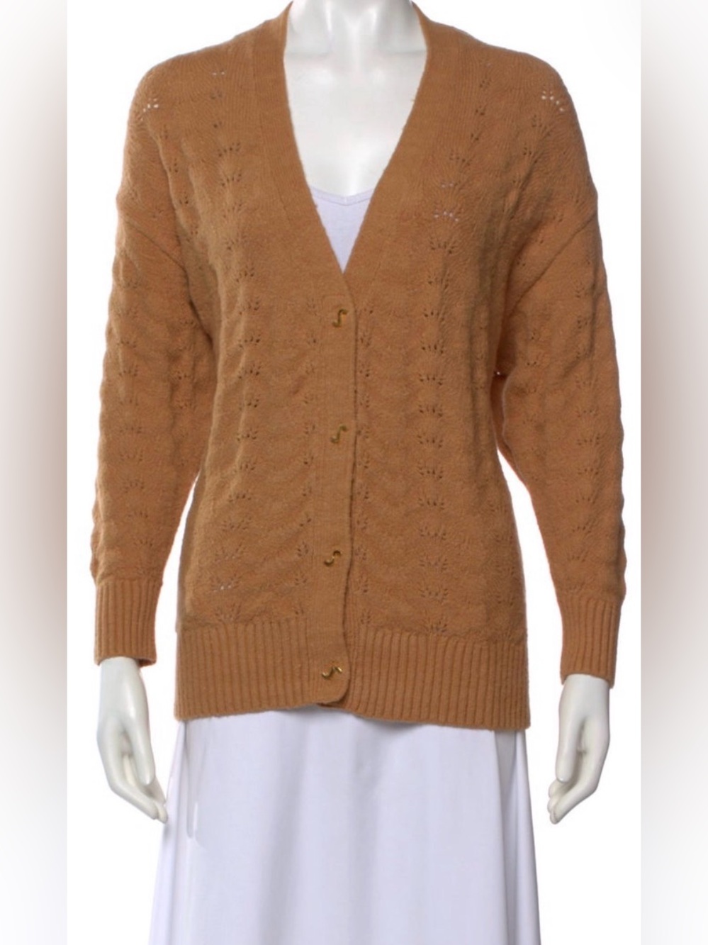 STAUD Camel Knit V-Neck Button Cardigan